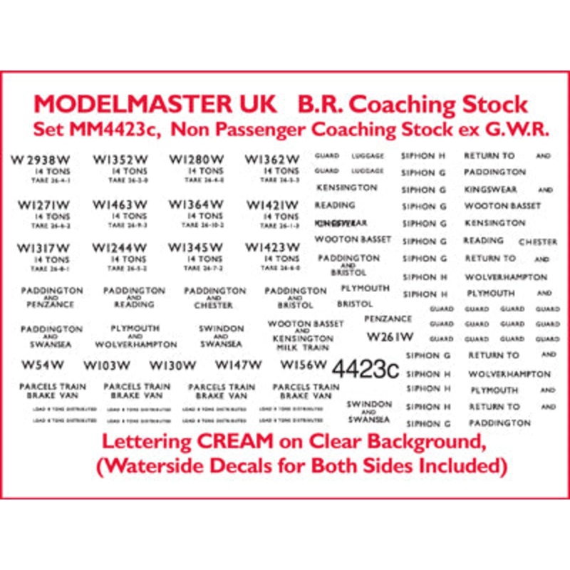 MM4423 Numbering for ex GWR Siphons & Parcel Vans. Cream