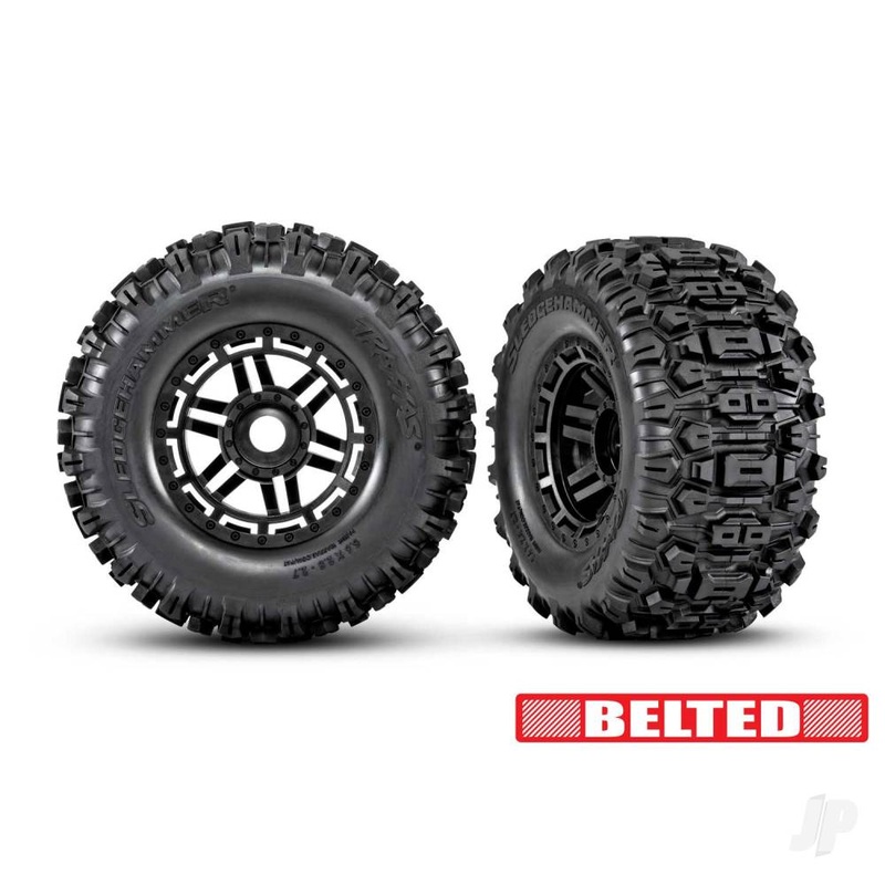 Tyres & wheels assembled glued (black wheels belted Sledgehammer All-Terrain tyres dual profile (2.9in outer 3.8in inner) foam inserts) (2) (17mm splined) (TSM rated)