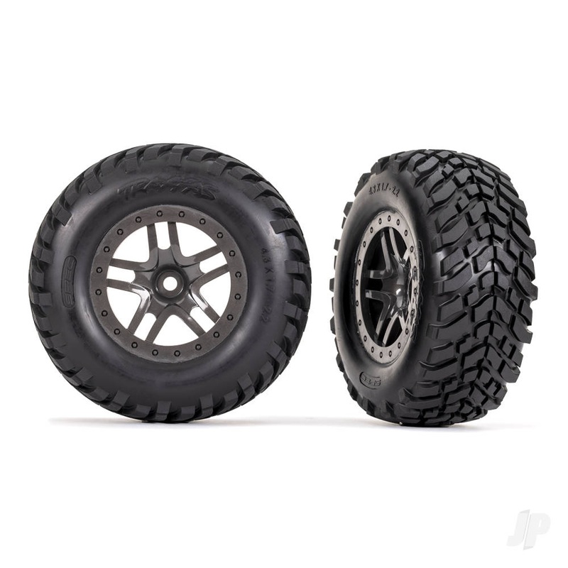Tyres & wheels assembled glued (SCT Split-Spoke gray beadlock style wheels SCT off-road racing Tyres foam inserts) (2) (4WD f/r 2WD rear) (TSM rated)