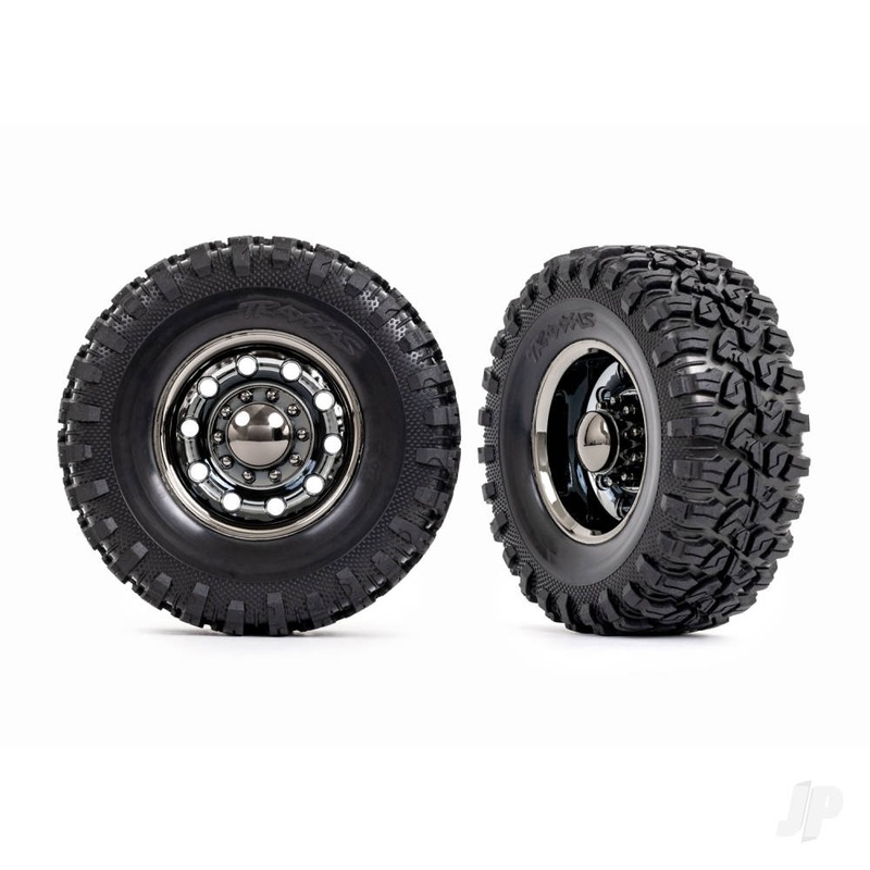 Tyres and wheels assembled glued (TRX-6 Big Rig 2.2in black chrome wheels Canyon RT 4.6×2.2in tyres foam inserts) (rear) (2)/ centre caps (black chrome) (2)