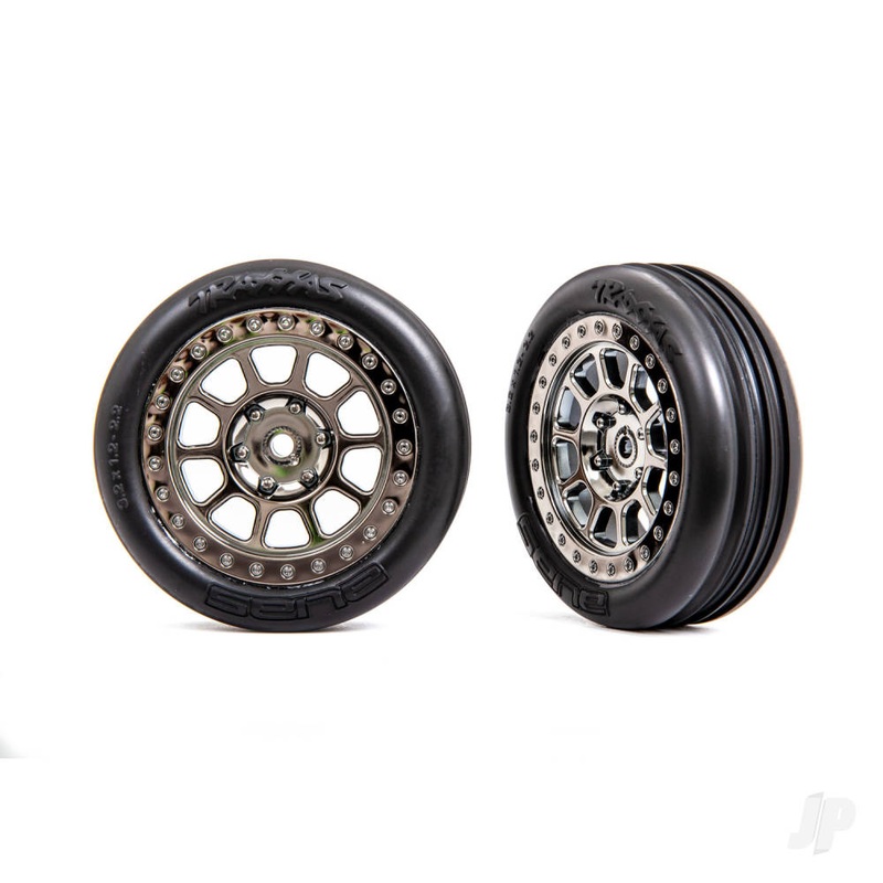 Tyres & wheels assembled (2.2in black chrome wheels Alias ribbed 2.2in Tyres) (2) (Bandit front medium compound w/ foam inserts)