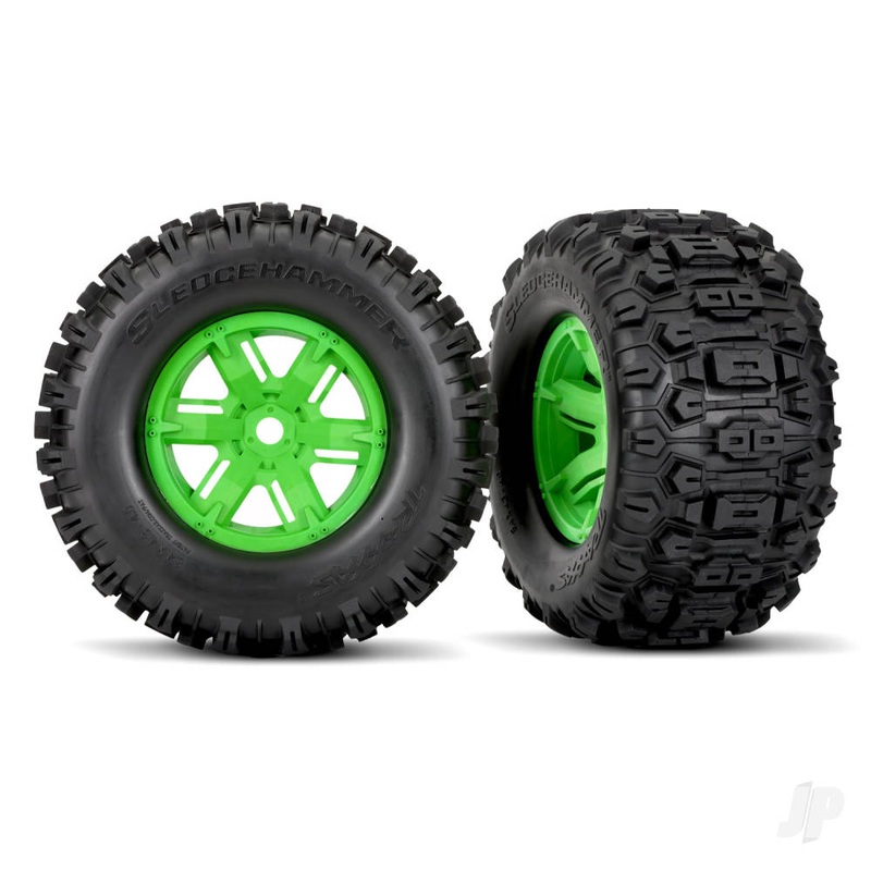 Tyres & wheels assembled glued (X-Maxx green wheels Sledgehammer Tyres foam inserts) (left & right) (2)
