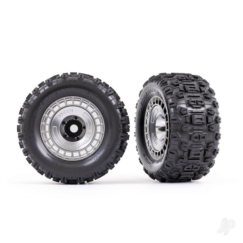 Tyres and wheels assembled glued (3.8in satin chrome wheels satin chrome wheel covers Sledgehammer tyres foam inserts) (2)