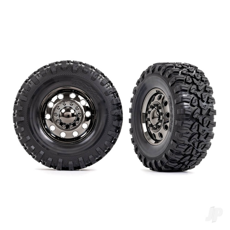 Tyres and wheels assembled glued (TRX-6 Big Rig 2.2in black chrome wheels Canyon RT 4.6×2.2in tyres foam inserts) (front) (2)/ centre caps (black chrome) (2)