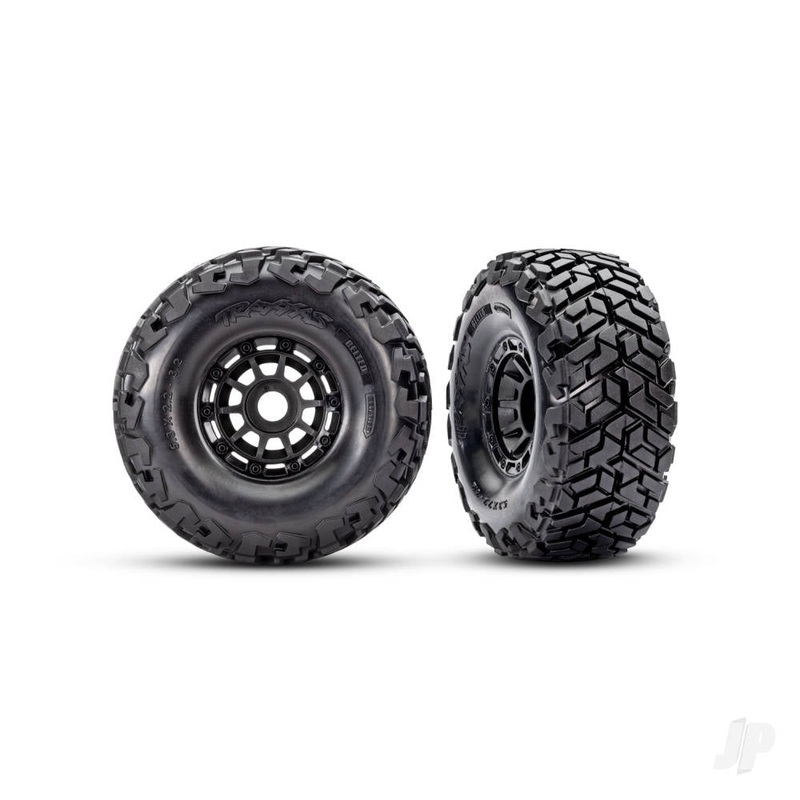 Tyres & wheels assembled glued left (1) right (1) (black wheels Maxx Slash belted tyres foam inserts) (17mm splined) (TSM rated)