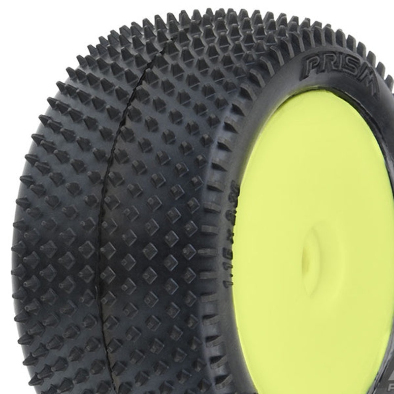 PROLINE MINI-B PRISM TYRES MOUNTED ON YELLOW WHEELS REAR