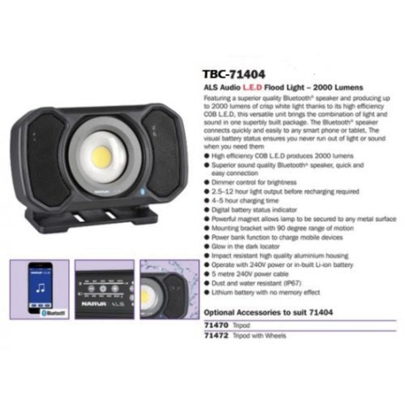 Narva 71404 Rechargeable L.E.D Audio Light 2000 Lumens