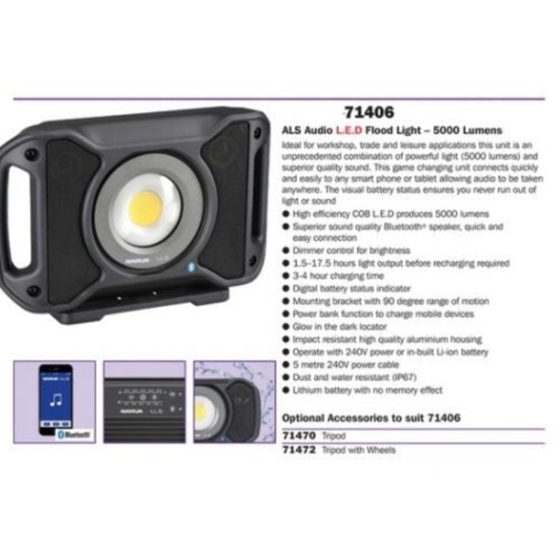 Narva 71406 Rechargeable L.E.D Audio Light 5000 Lumens