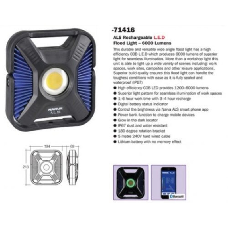 Narva 71412 LED ALS Rechargeable L.E.D Flood Light with UV  1500 Lumens