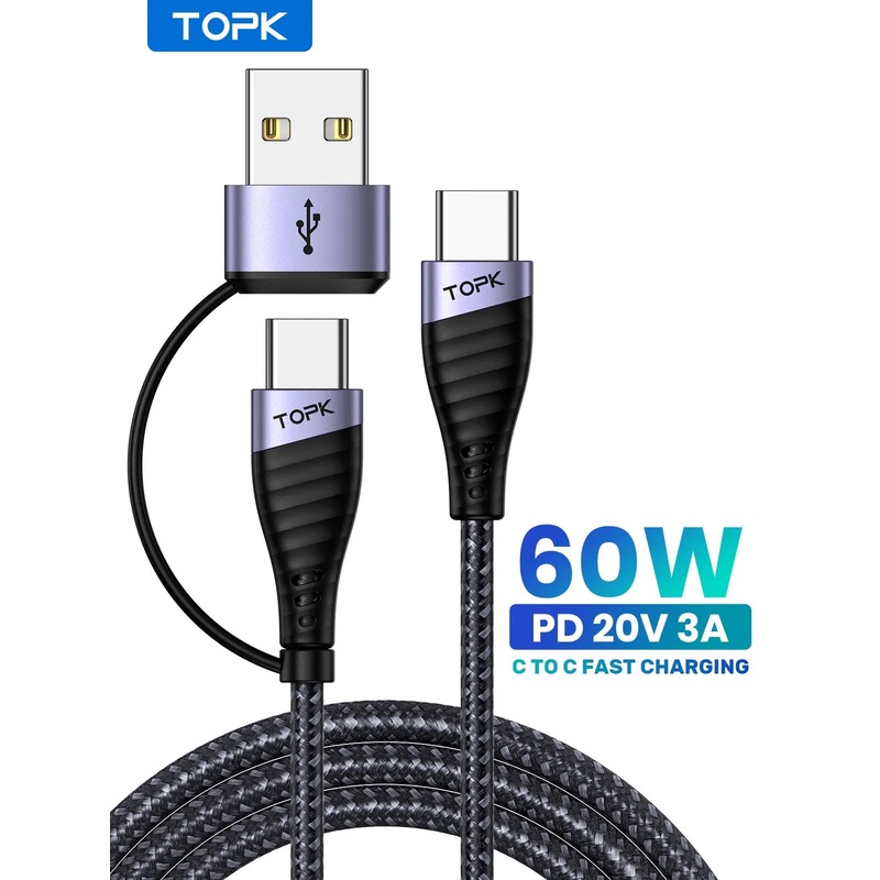 TOPK 60W 2 IN 1 USB Type C Cable PD Fast Charging Data Cord for Xiaomi Samsung Realme POCO Huawei Oneplus USB C Charger Wire