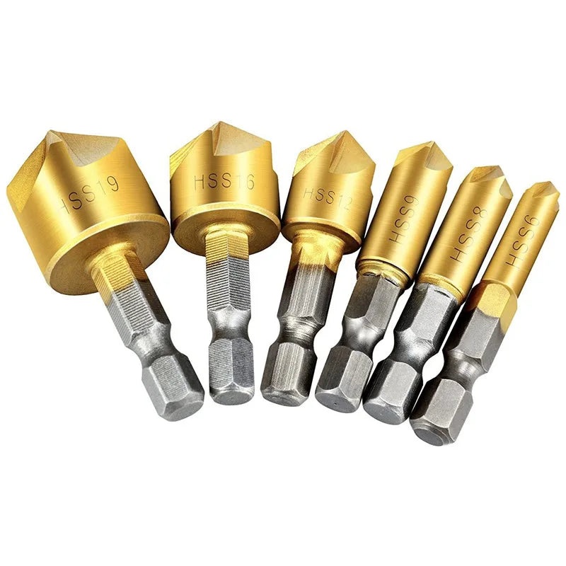 6PCS Hexagon Shank Titanium-Plated Five Flute Chamfering Cutter 1/4” Hexagon Shank Reaming Chamfer 12mm16mm19mm Punching Tool