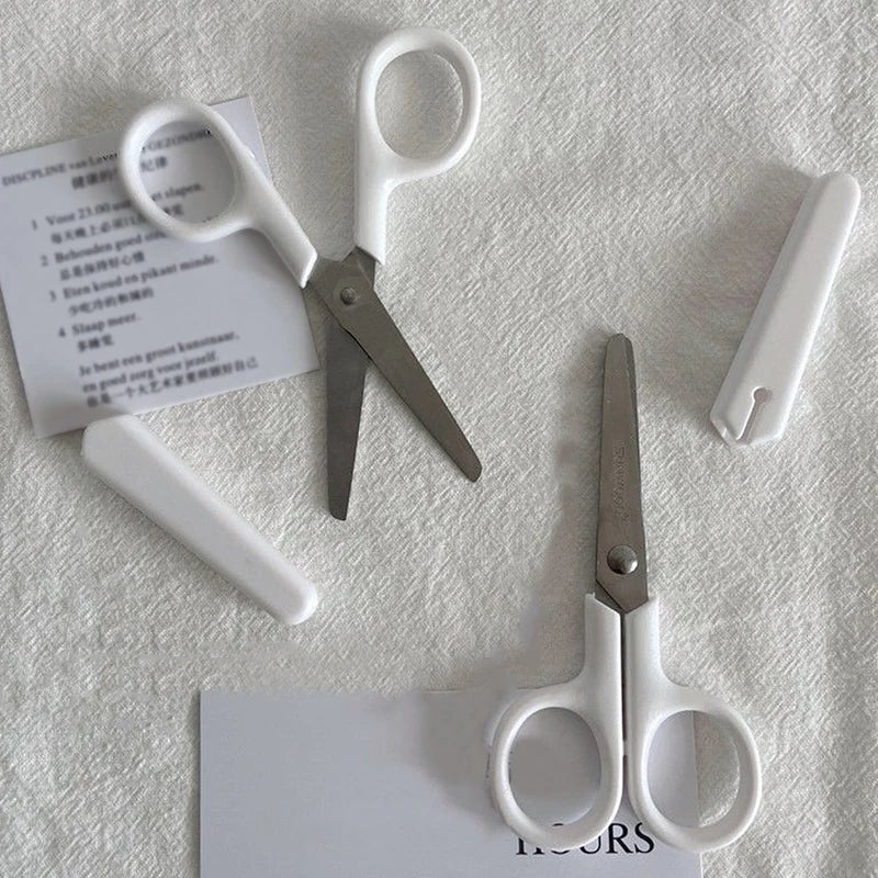 White portable hand scissors Stainless steel art safety scissors with lid Children’s student scissors