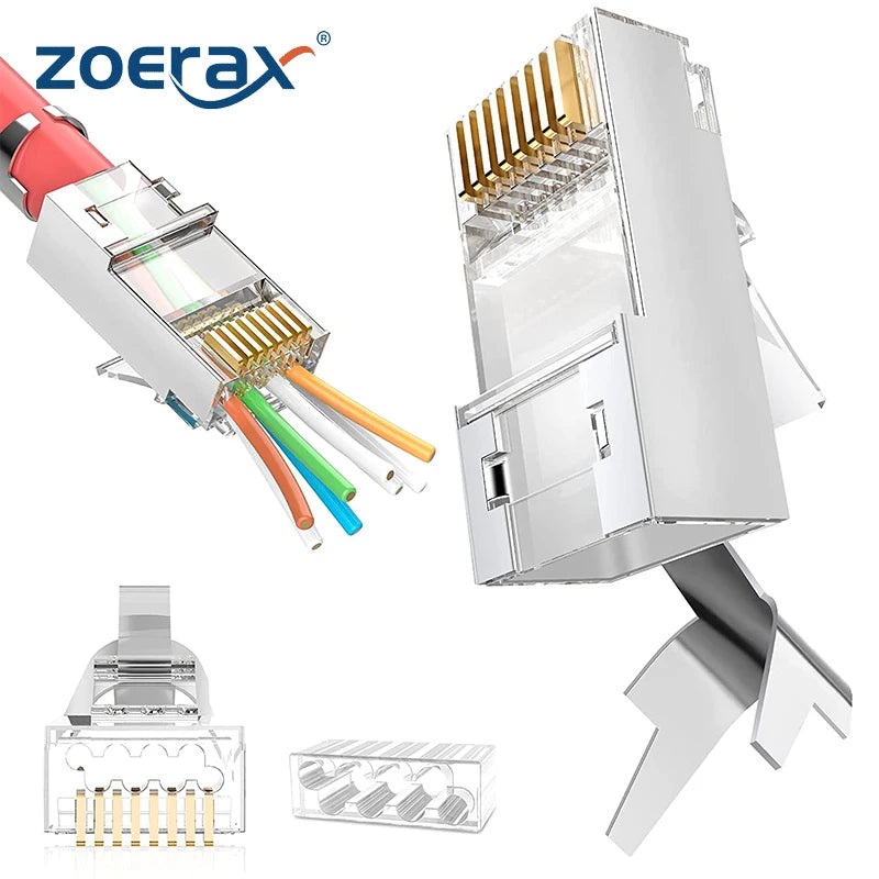 10pcs Shielded RJ45 Cat6A Cat7 Pass Through connectors – 3 Prong 8P8C Gold Plated 2-Piece Pass Through Modular Data Plug