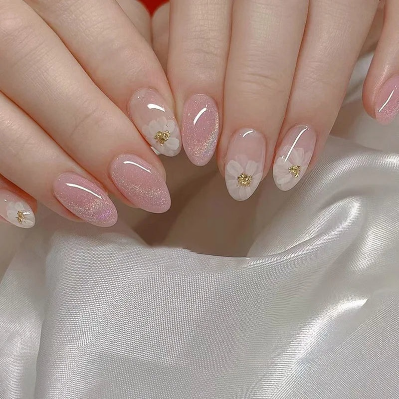 24 PCs Short French Simple Flower Nails with 1 Jelly Gel and 1 Nail File