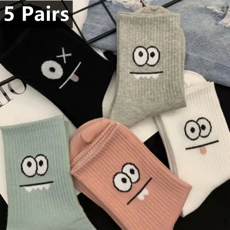 5 Pairs Cute Expression Print Socks, Comfy & Funny All-match Mid Tube Socks, Women’s Stockings & Hosiery