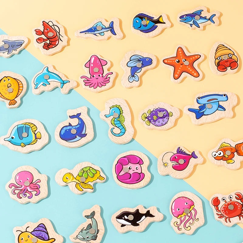 Fishing Toys Montessori Wooden For Children Magnetic Marine Life Cognition Fish Games Parent-Child Interactive Educational Toy
