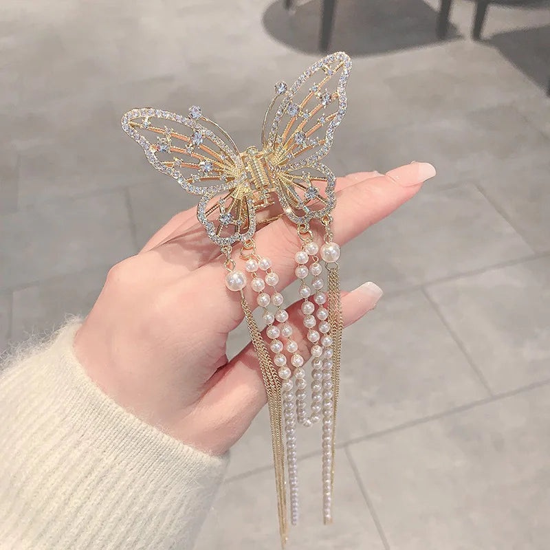 1 Pcs Full Diamond Hollow Butterfly Tassel Hair Accessories, Pearl Bead Chain Back Of The Head Grab Clip, Zinc Alloy Shark Clip