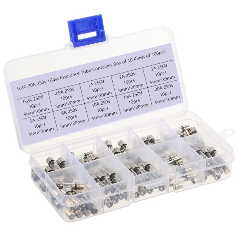 100Pcs Set 5x20mm Quick Blow Car Glass Tube Fuse Assorted Kits Fast-blow Glass Fuses 0.2A 0.5A 1A 2A 3A 5A 8A 10A 15A 20A