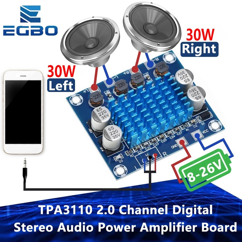 TPA3110 XH-A232 30W+30W 2.0 Channel Digital Stereo Audio Power Amplifier Board DC 8-26V 3A  for Arduino