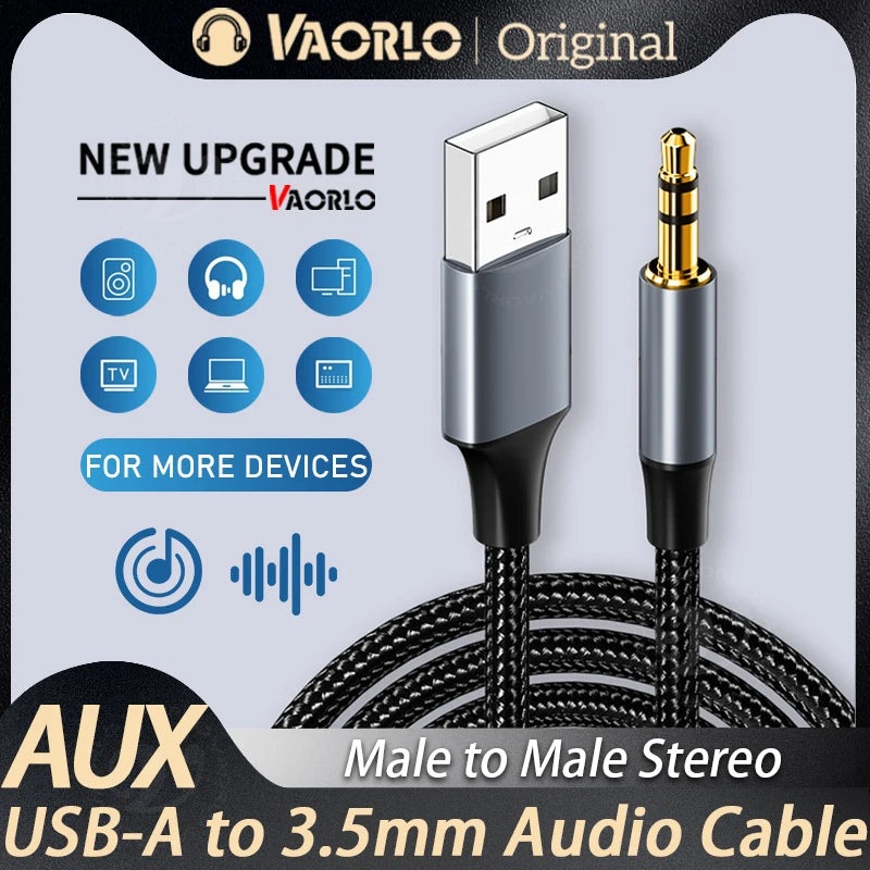 VAORLO USB to 3.5mm Audio Cable Male to Male Stereo USB-A to 3.5 Jack AUX Adapter Wire Headphone Speaker for Laptop PC TV Car