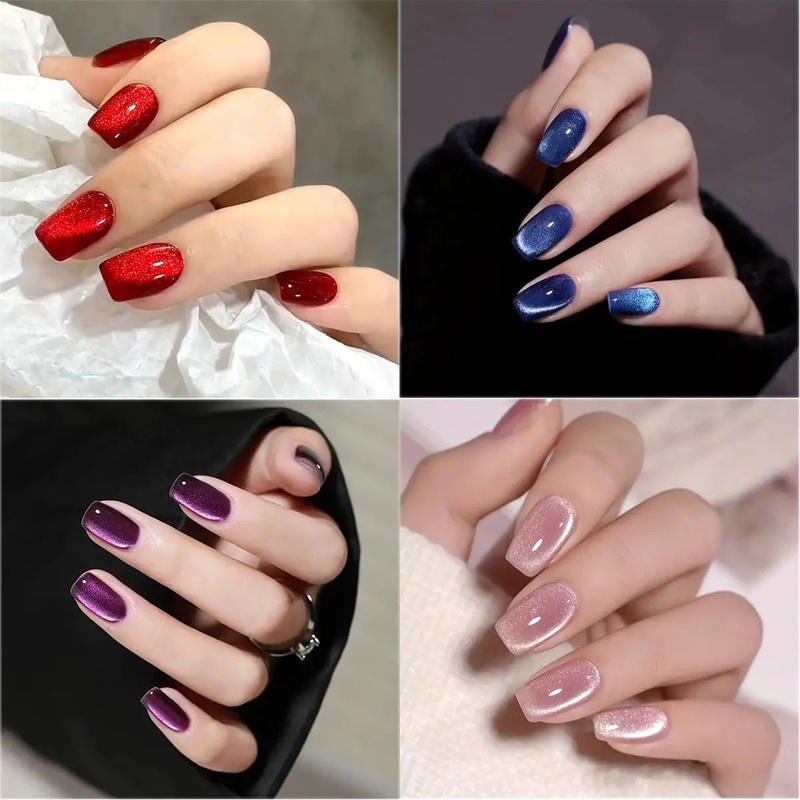 24pcs Cat’s Eye Press on Nails Wearing Square Head French Ballet Nail Art Tips for Women Removable False Nails with Jelly Glue