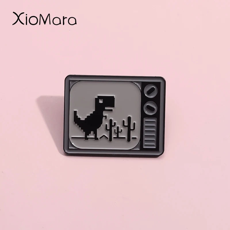 Dinosaur Pixel Games Mosaic Enamel Pins Custom 90’s Retro TV Brooches Lapel Badges Cartoon Animal Jewelry Gift For Kids Friends
