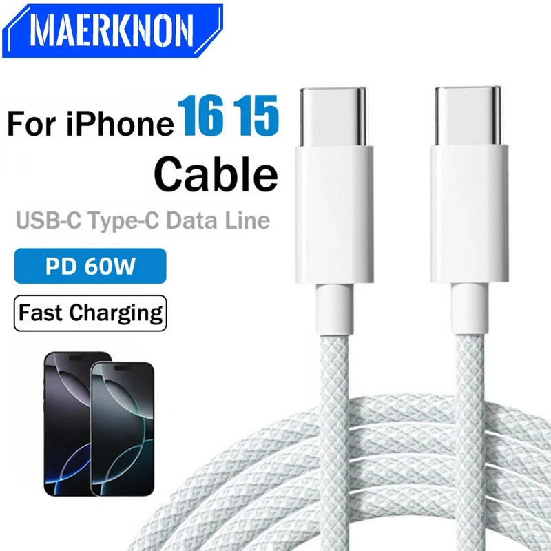 USB C to Type C Cable PD 65W Fast Charging Nylon Braided Data Cord For iPhone 16 15 Pro Samsung Type C Quick Charge Phone Cable