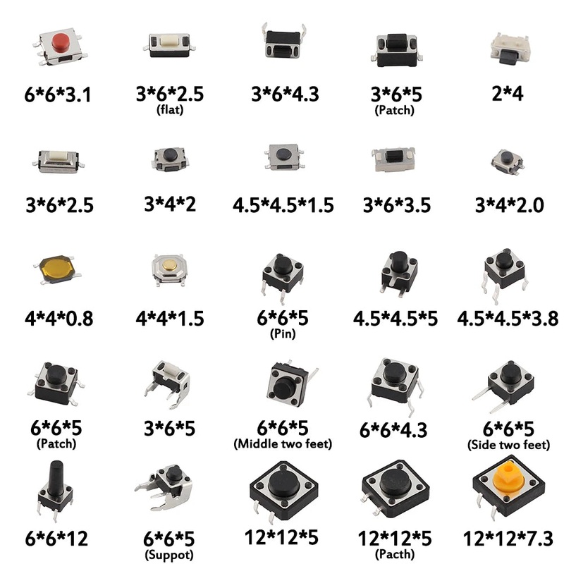 125PCS Assorted Micro Push Button Tact Switch Kit – 25 Types, Including Reset & Mini Leaf Switches, SMD/DIP  2*4 3*6 4*4 6*6