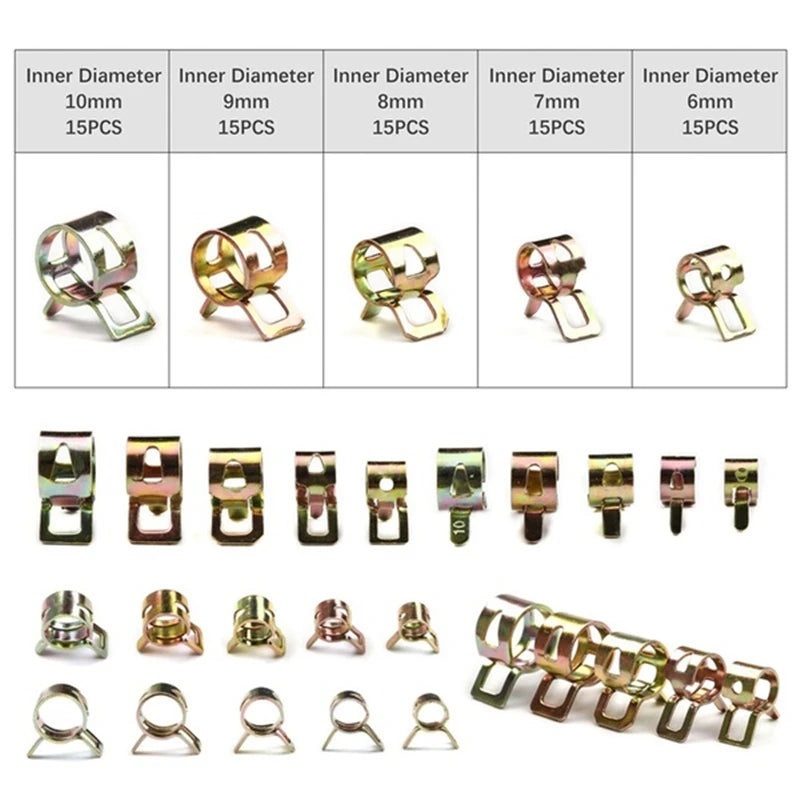75 PCS Zinc Plated Spring Hose Pipe Clamp Air Clip Clamp ( 6mm 7mm 8mm 9mm 10mm)