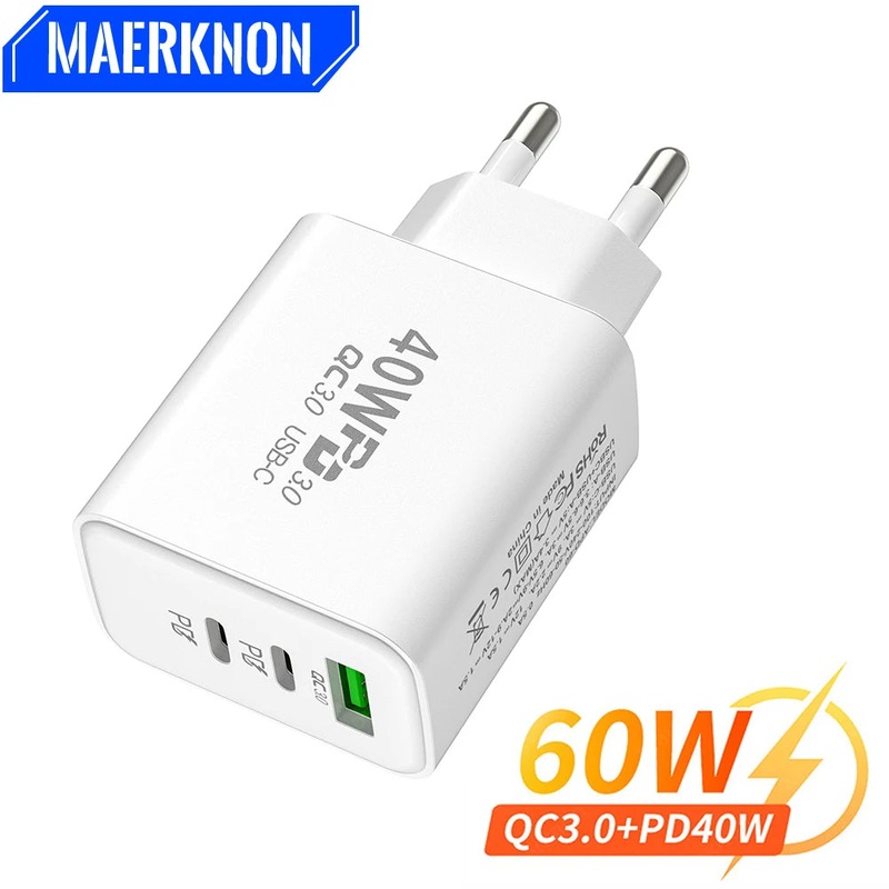 PD 60W USB Charger 3 Ports Type C Fast Charging Phone Charger Adapter For iPhone Xiaomi Samsung Huawei EU/US Plug Wall Charger