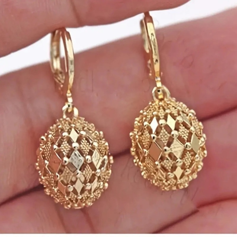 Vintage Metal Hand Engraved Pattern Hoop Earrings Classic Women’s Gold Plated Hook Drop Earrings