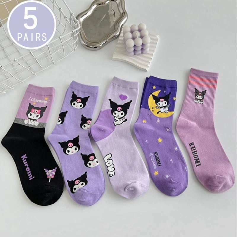 1/5 Pair of Fashionable and High Aesthetic Dreamy Party Sanrio Cute Cartoon Kawaii Purple Kuromi Women’s Exquisite Stockings