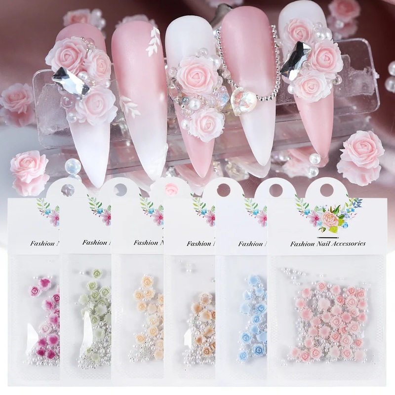 30 pcs gradient carved rose nail ornaments with steel bead pearl nail accessories