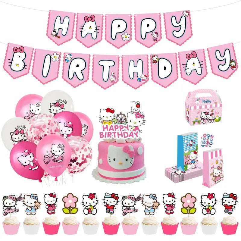 Cute Cartoon Kitty Cat Balloons Set First 5th 6th Birthday Decoration Baby Shower Globos Hello Cake Topper Backdrop Candy Box
