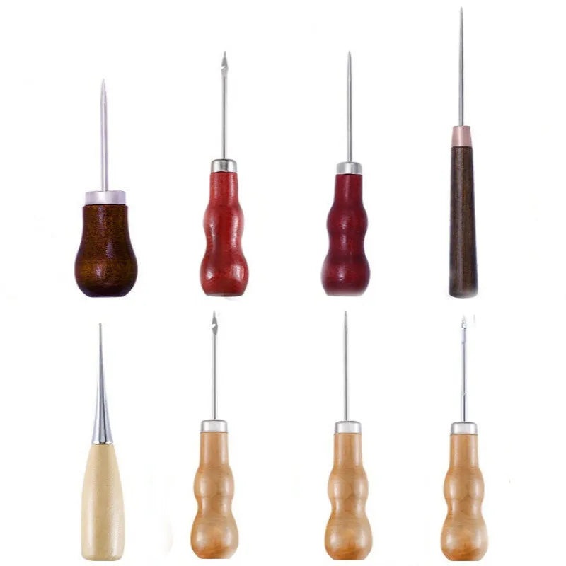 1PC/8PCS Awl Pricker Hole Maker Tool Punch Sewing Stitching Leather Craft Wooden Handle