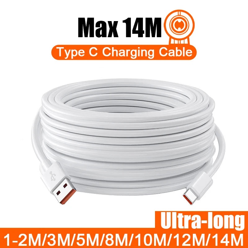 Ultra Long USB C Cable For Xiaomi Redmi Huawei Mobile Phones Charging Cable Type C Equipment VR Camera 2M 3M 5M 8M 10M 12M 14M