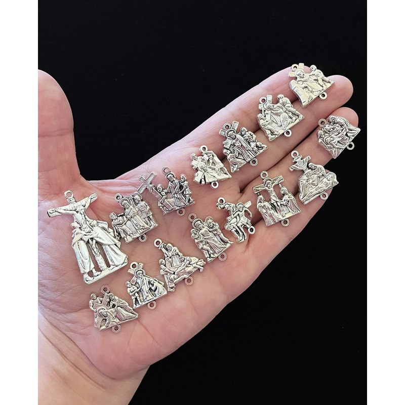 15Pcs Crucifix Jesus Cross Pendant Set Stations of the Cross Devotional Medals for Rosary Parts DIY Making Accessories