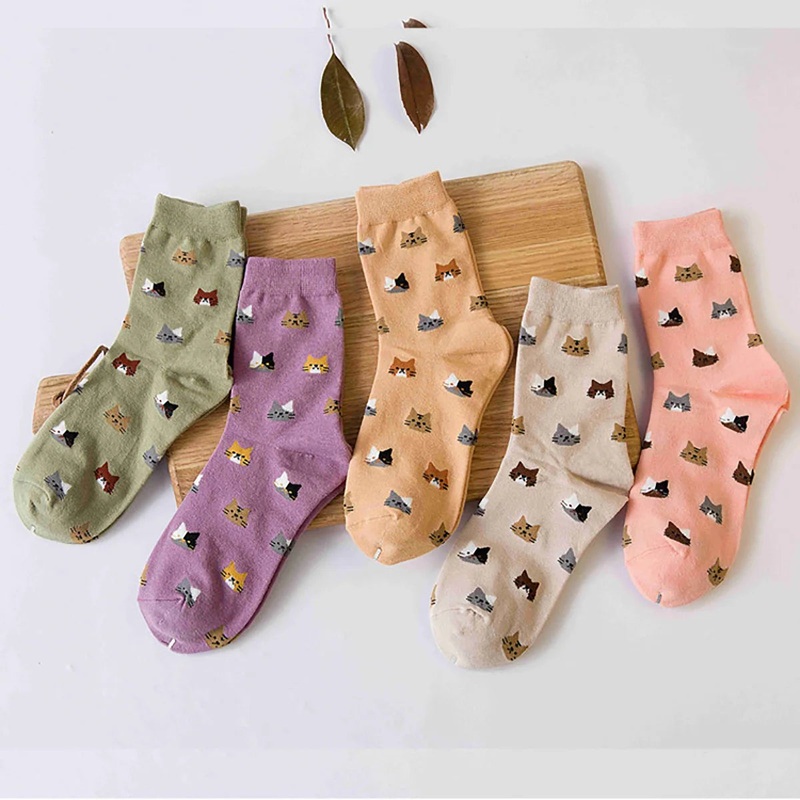5 Pairs Cat Print Socks, Cute & Comfy All-match Mid Tube Socks, Women’s Stockings & Hosiery