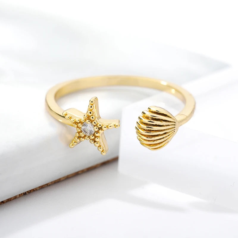 Cute Shell Starfish Rings For Women Girls Stainless Steel Open Adjustable Couple Stars Finger Ring 2024 Birthday Jewelry Gifts