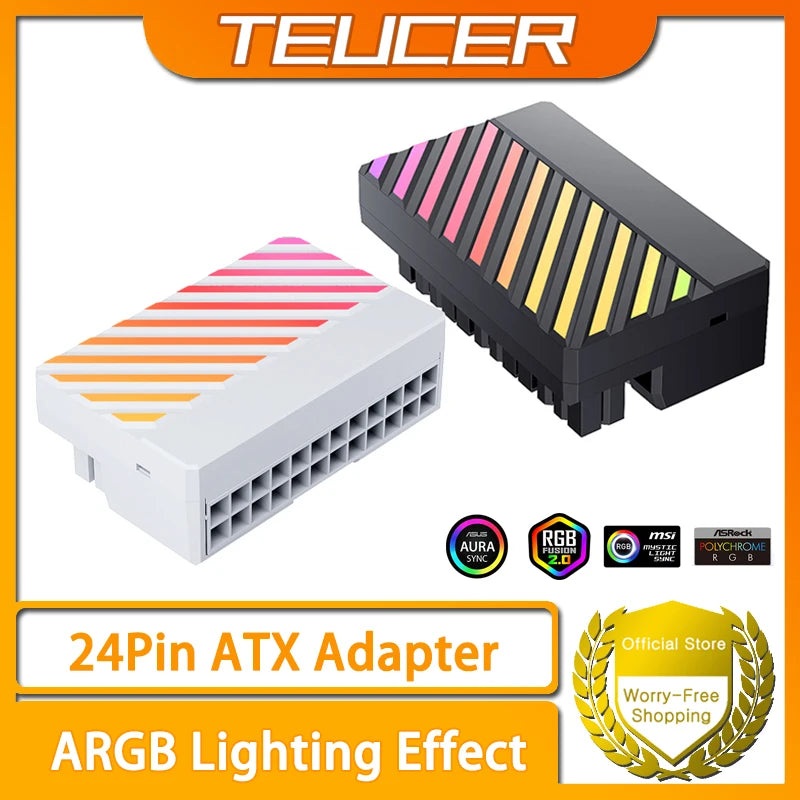 TEUCER ATX 24Pin ARGB Adapter, 90 RGB Power Cord Adapter for Computer Motherboard Power Supply