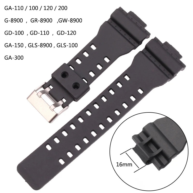 16mm Pu Black Watchband Men Sport Diving Silicone Watch Band For G-S Strap
