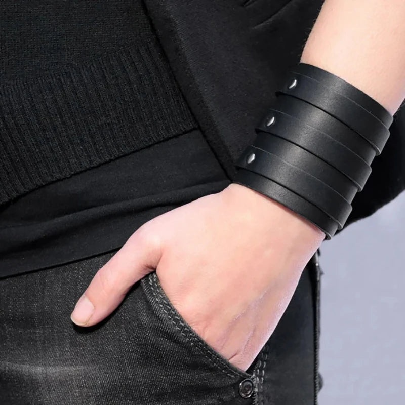 1PC Men’s Fashion Versatile Bracelet Vintage Wide Strap Punk Style Multilayer Leather Wristband Simple Accessories Jewelry