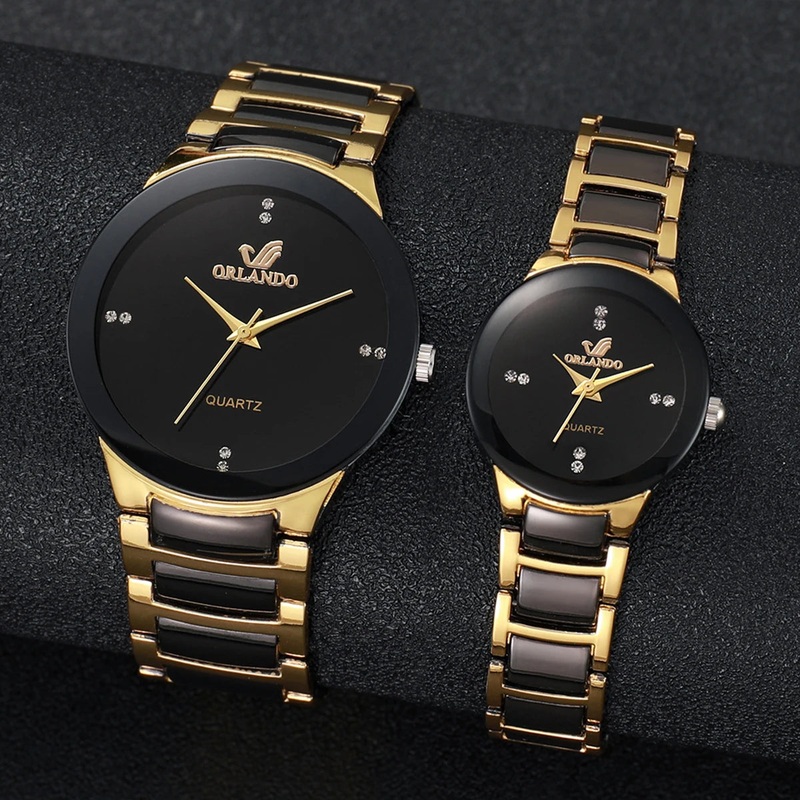 2PCS Couple’s Watches Fashion Stainless Steel Band Men Women Analog Quartz Watches Set