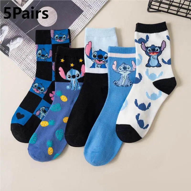 5 Pairs of Fashionable and Trendy Cute Cartoon Anime Stitch Pattern Women’s Socks Comfortable and Soft Outdoor Casual Socks