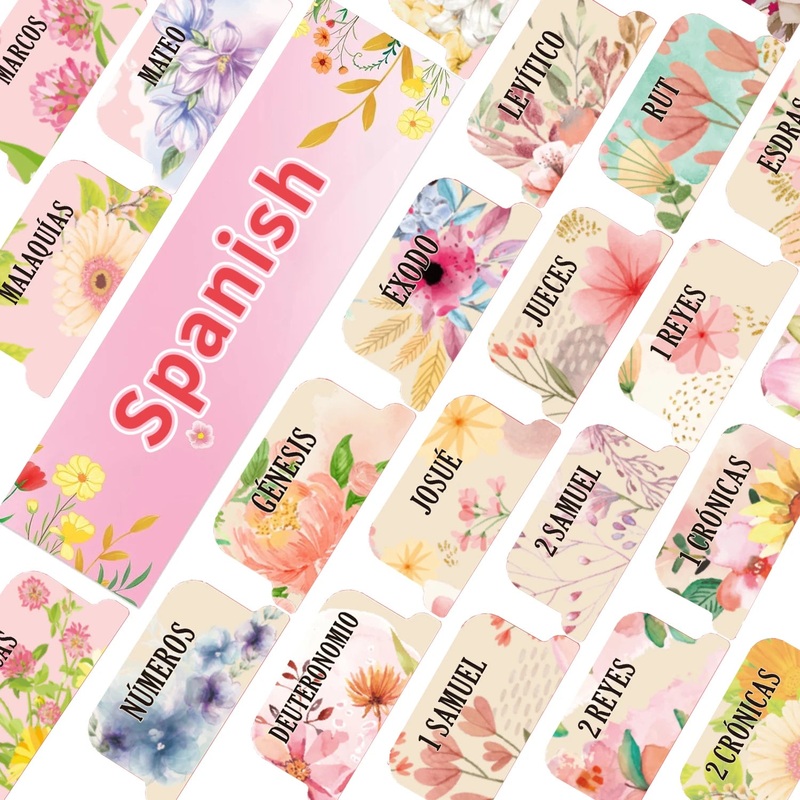 75pcs Floral Spanish Bible Tags – Laminated, Large Print Neutral Bible Tabs,Easy-To-Read Sticker Tags