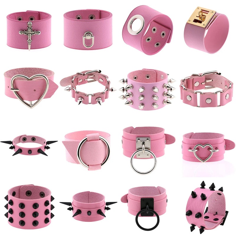 Pink Color Female Wide Leather Bracelets Punk Braided Bracelet for Men Women Wristband Charm Bracelets Male Gothic Jewelry