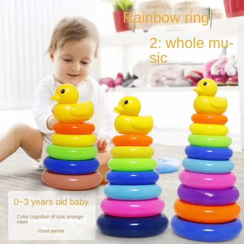 0-3 years old Infant Early Learning Rainbow Stacking Toys Puzzle Development Intelligence Rainbow Tower Set of Rings Yellow Duck