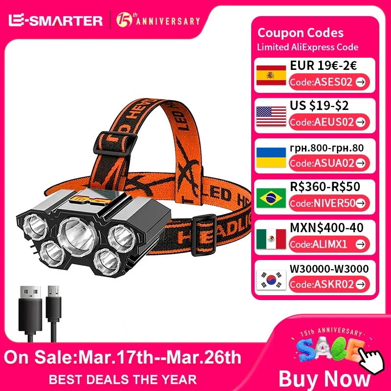 5 LED Flashlight Rechargeable with Built in 18650 Battery Strong Light Camping Adventure Fishing Head Light Headlamp