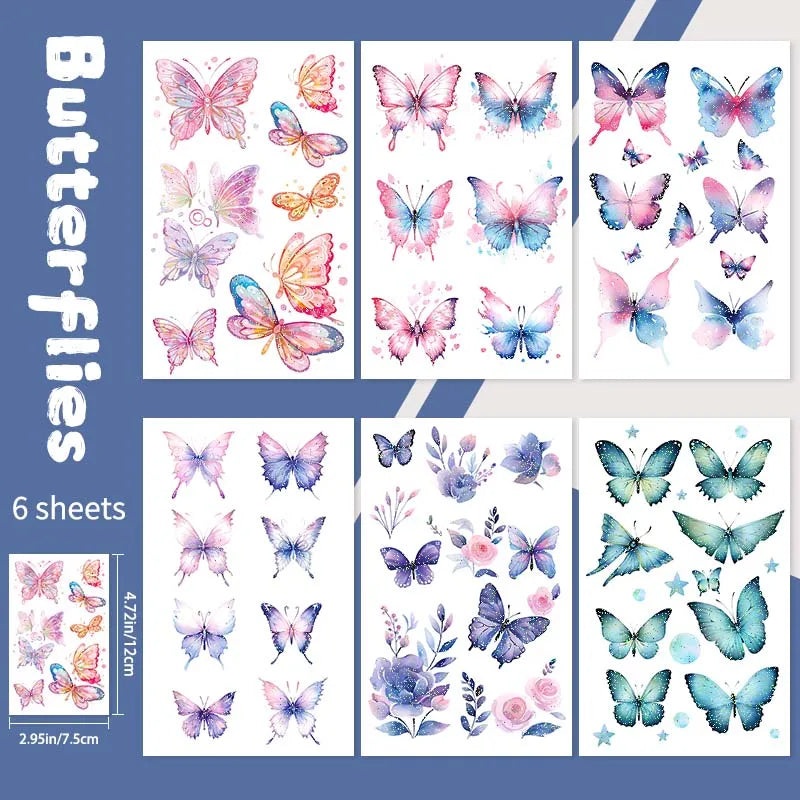 6pcs Glitter Gradient Dreamy Butterfly Waterproof Temporary Tattoo, Long-Lasting Waterproof, Realistic Fake Tattoo