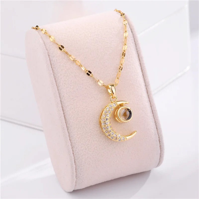 DIEYURO 316L Stainless Steel Moon Projection Pendant Necklace For Women Luxury Rhinestone Clavicle Chain Girls Jewelry Gift